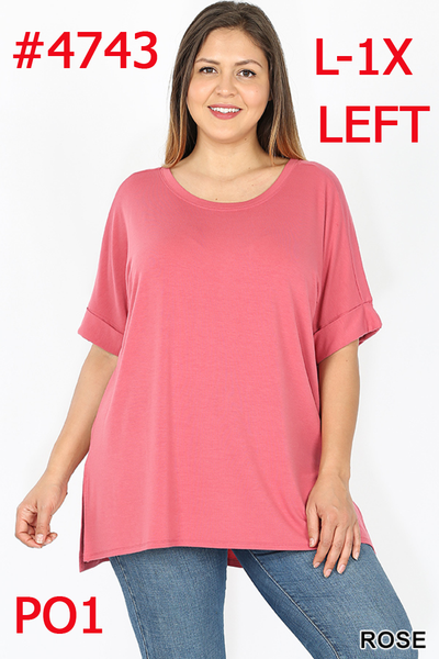 4743 1/4S Rolled R Neck HiLo Side Slit TOP in ROSE