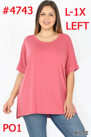 4743 1/4S Rolled R Neck HiLo Side Slit TOP in ROSE