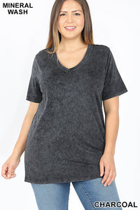 4758 1/4S Mineral Wash V Neck TOP in CHARCOAL JV-A22C