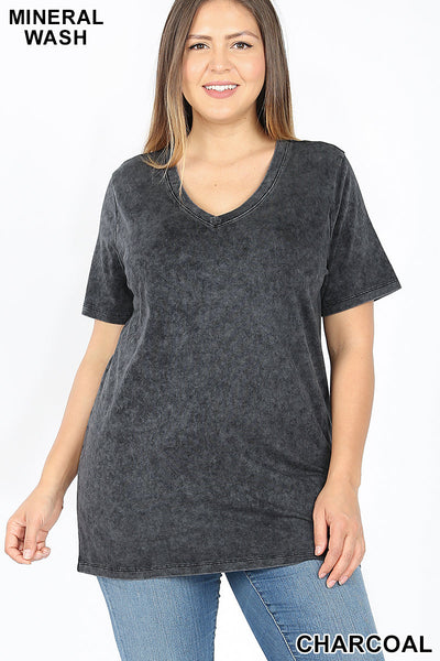 4758 1/4S Mineral Wash V Neck TOP in CHARCOAL JV-A22C