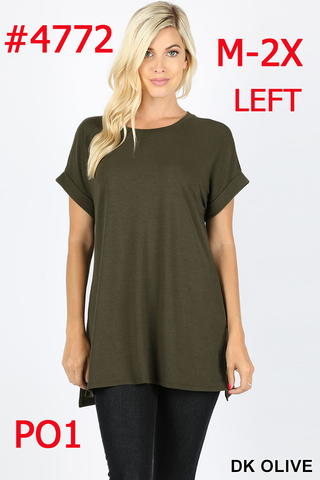 4772 1/4S Rolled R Neck HiLo Side Slit TOP in DK OLIVE