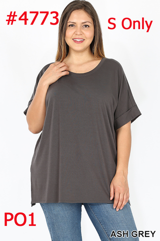 4773 1/4S Rolled R Neck HiLo Side Slit TOP in ASH GREY