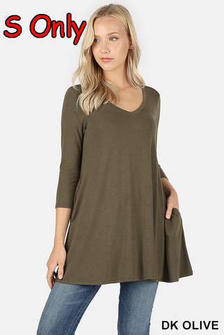 479 3/4S V-Neck Flared TOP w/ Pockets in DK OLIVE