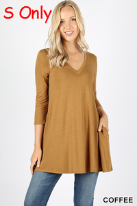 480 3/4S V-Neck Flared TOP w/ Pockets in COFFEE