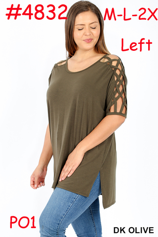 4832 1/4S Criss Cross Shoulder HiLo Hem TOP in DK OLIVE