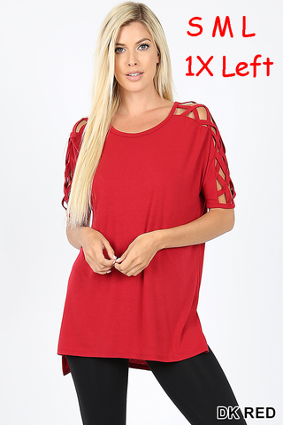 4833 1/4S Criss Cross Shoulder HiLo Hem TOP in DK RED
