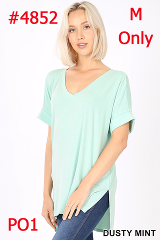 4852 1/4S Rolled V Neck HiLo Side Slit TOP in DUSTY MINT