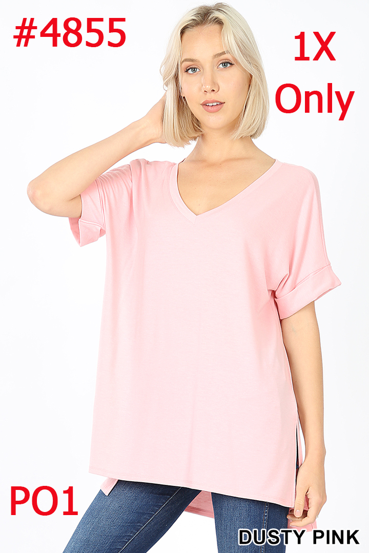 4855 1/4S Rolled V Neck HiLo Side Slit TOP in DUSTY PINK