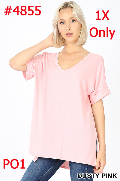 4855 1/4S Rolled V Neck HiLo Side Slit TOP in DUSTY PINK