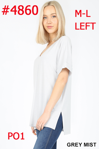 4860 1/4S Rolled V Neck HiLo Side Slit TOP in GREY MIST