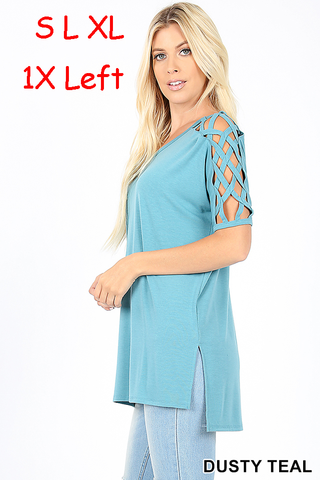 4875 1/4S Criss Cross Shoulder HiLo Hem TOP in DUSTY TEAL