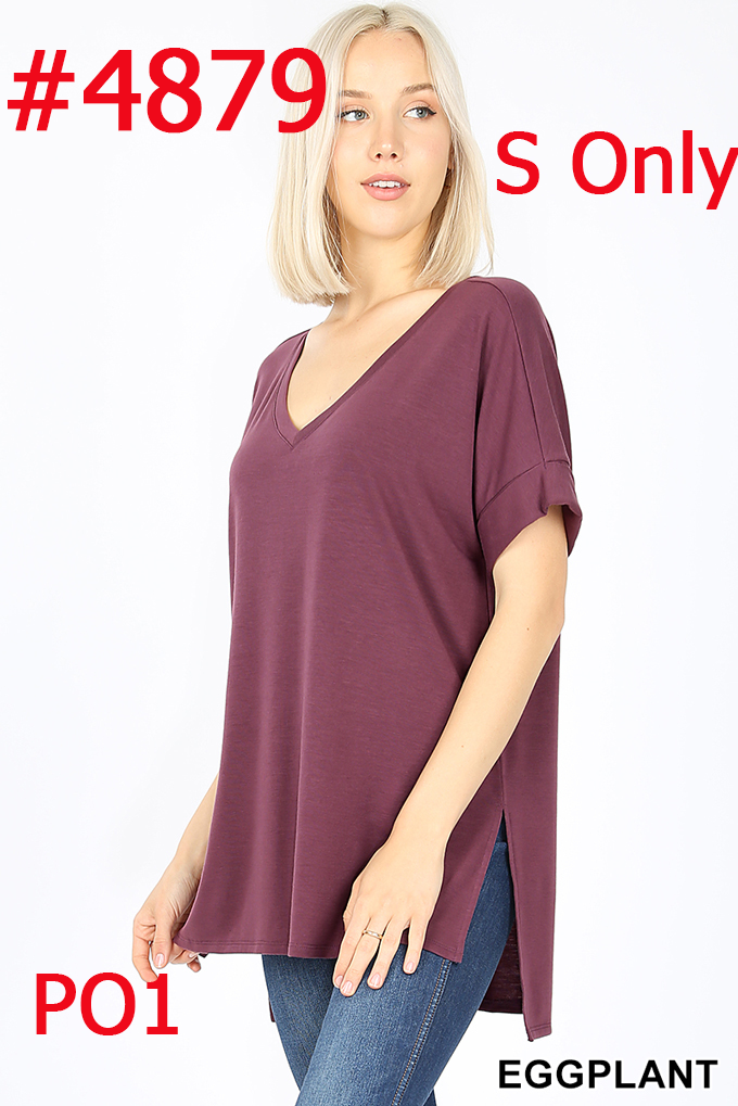 4879 1/4S Rolled V Neck HiLo Side Slit TOP in EGGPLANT