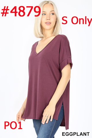 4879 1/4S Rolled V Neck HiLo Side Slit TOP in EGGPLANT