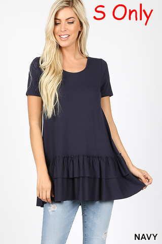 4940 1/4S Double Ruffle Bottom Round Neck TOP in NAVY
