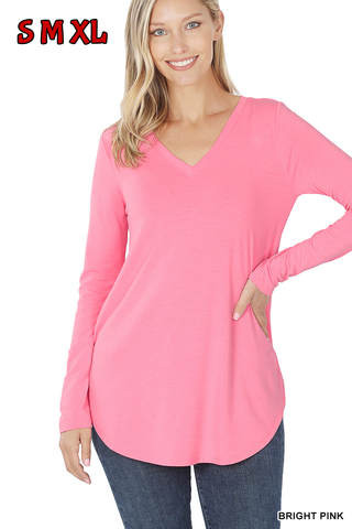 50002 4/4S V Neck Round Hem TOP in BRIGHT PINK