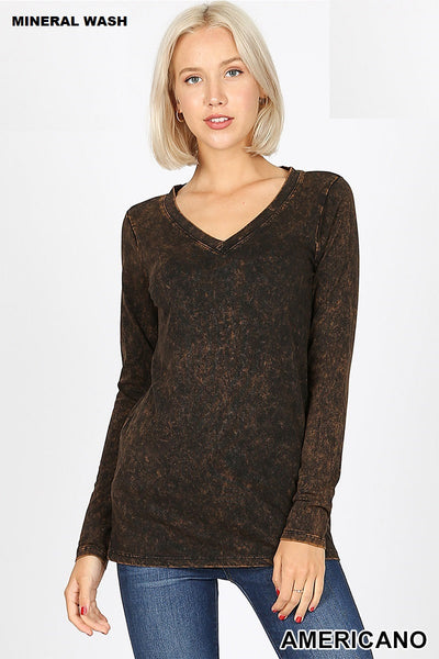 50063 4/4S Mineral Wash V Neck TOP in AMERICANO JV-C13C