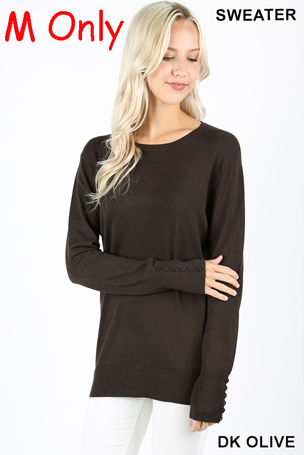 5221 Round Neck w/ Sleeve Button Detail SWEATER in DK OLIVE