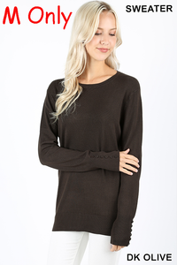 5221 Round Neck w/ Sleeve Button Detail SWEATER in DK OLIVE