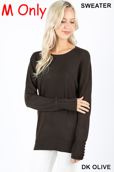 5221 Round Neck w/ Sleeve Button Detail SWEATER in DK OLIVE