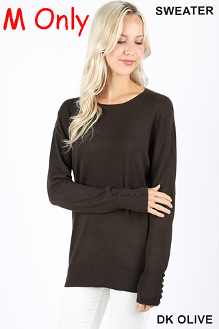 5221 Round Neck w/ Sleeve Button Detail SWEATER in DK OLIVE