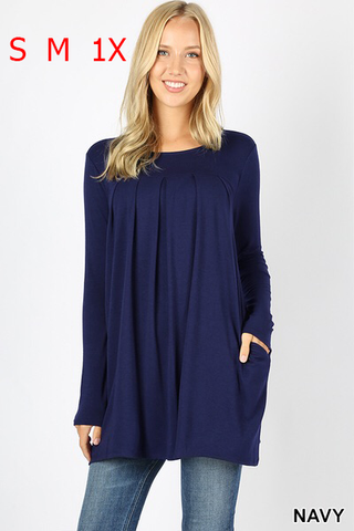 5279 4/4S R Neck Pleated TOP in NAVY