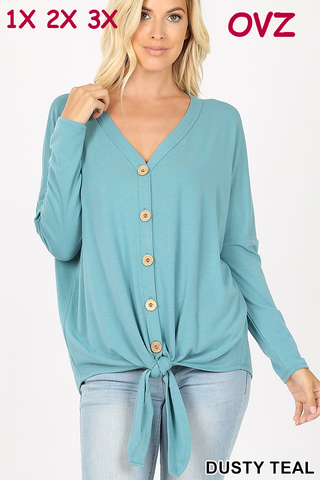 5337 4/4S Tie Front Button TOP in DUSTY TEAL JV-N63C