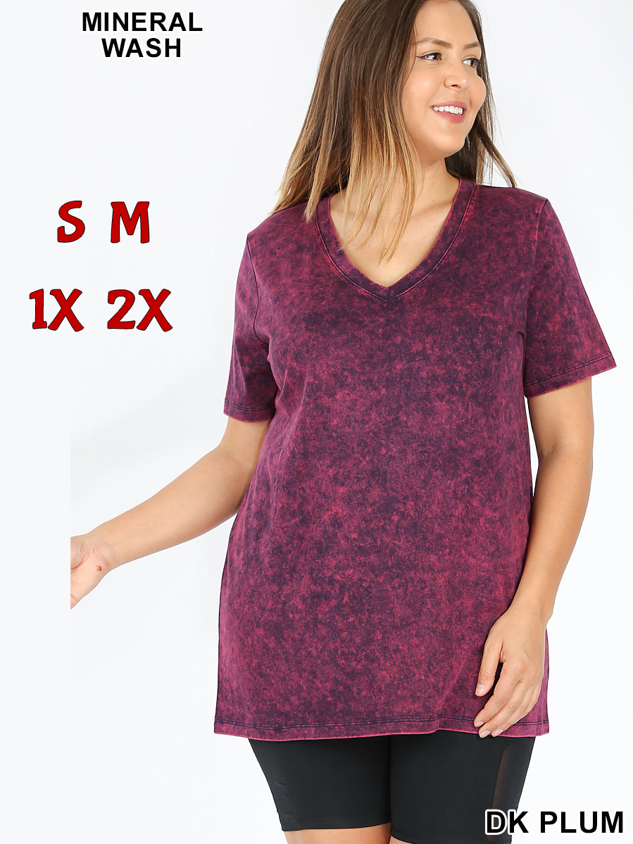 5410 1/4S Mineral Wash V Neck TOP in DK PLUM