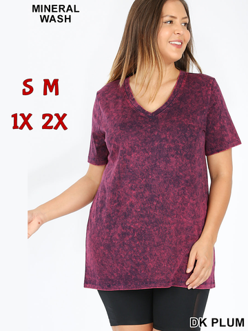 5410 1/4S Mineral Wash V Neck TOP in DK PLUM