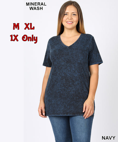5411 1/4S Mineral Wash V Neck TOP in NAVY