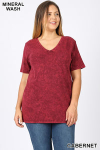5413 1/4S Mineral Wash V Neck TOP in CABERNET JV-F47C