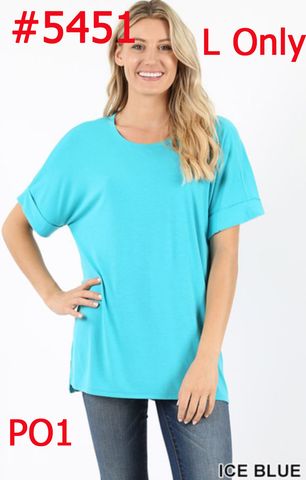 5451 1/4S Rolled R Neck HiLo Side Slit TOP in ICE BLUE