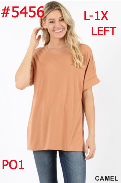5456 1/4S Rolled R Neck HiLo Side Slit TOP in CAMEL
