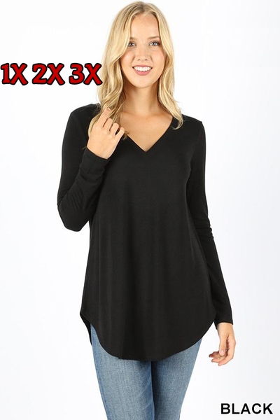 5680 4/4S V Neck Round Hem TOP in BLACK JV-B23C