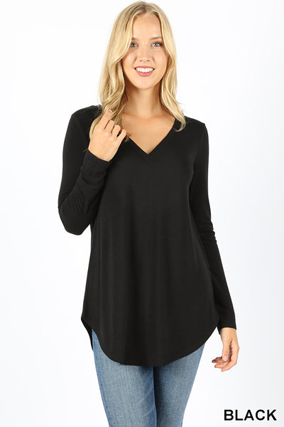 5680 4/4S V Neck Round Hem TOP in BLACK