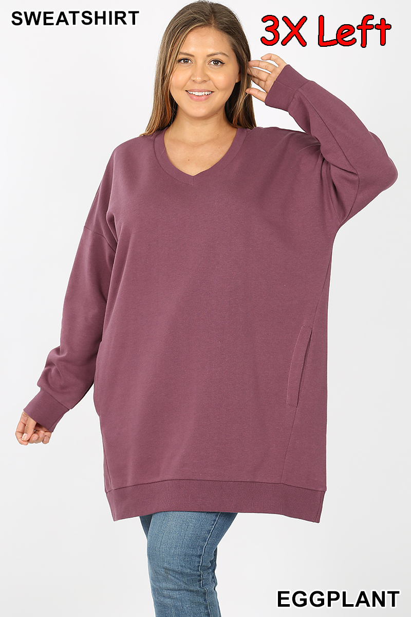 5717 4/4S OVZ V Neck SWEATSHIRT w PKTS in EGGPLANT