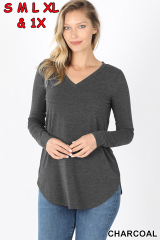 5908 4/4S V Neck Round Hem TOP in CHARCOAL