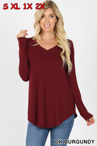 5911 4/4S V Neck Round Hem TOP in DK BURGUNDY