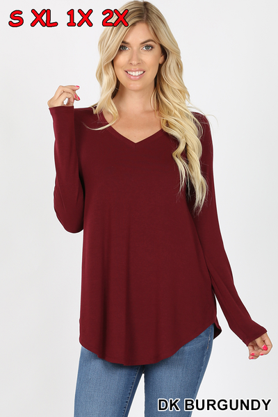 5911 4/4S V Neck Round Hem TOP in DK BURGUNDY