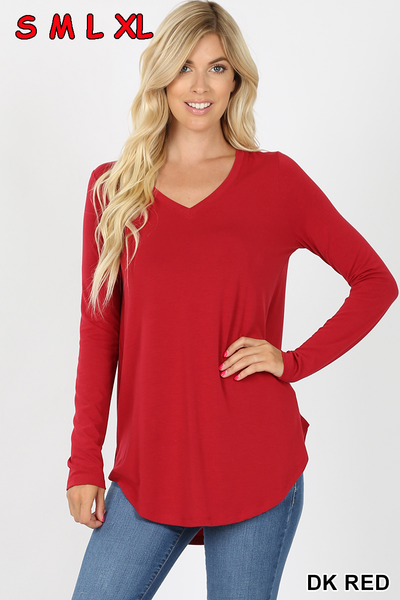 5913 4/4S V Neck Round Hem TOP in DK RED