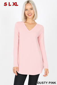5914 4/4S V Neck Round Hem TOP in DUSTY PINK