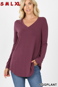 5916 4/4S V Neck Round Hem TOP in EGGPLANT