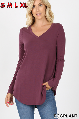 5916 4/4S V Neck Round Hem TOP in EGGPLANT