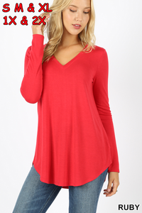 5928 4/4S V Neck Round Hem TOP in RUBY