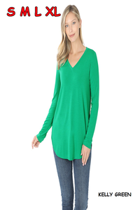 5981 4/4S V Neck Round Hem TOP in KELLY GREEN