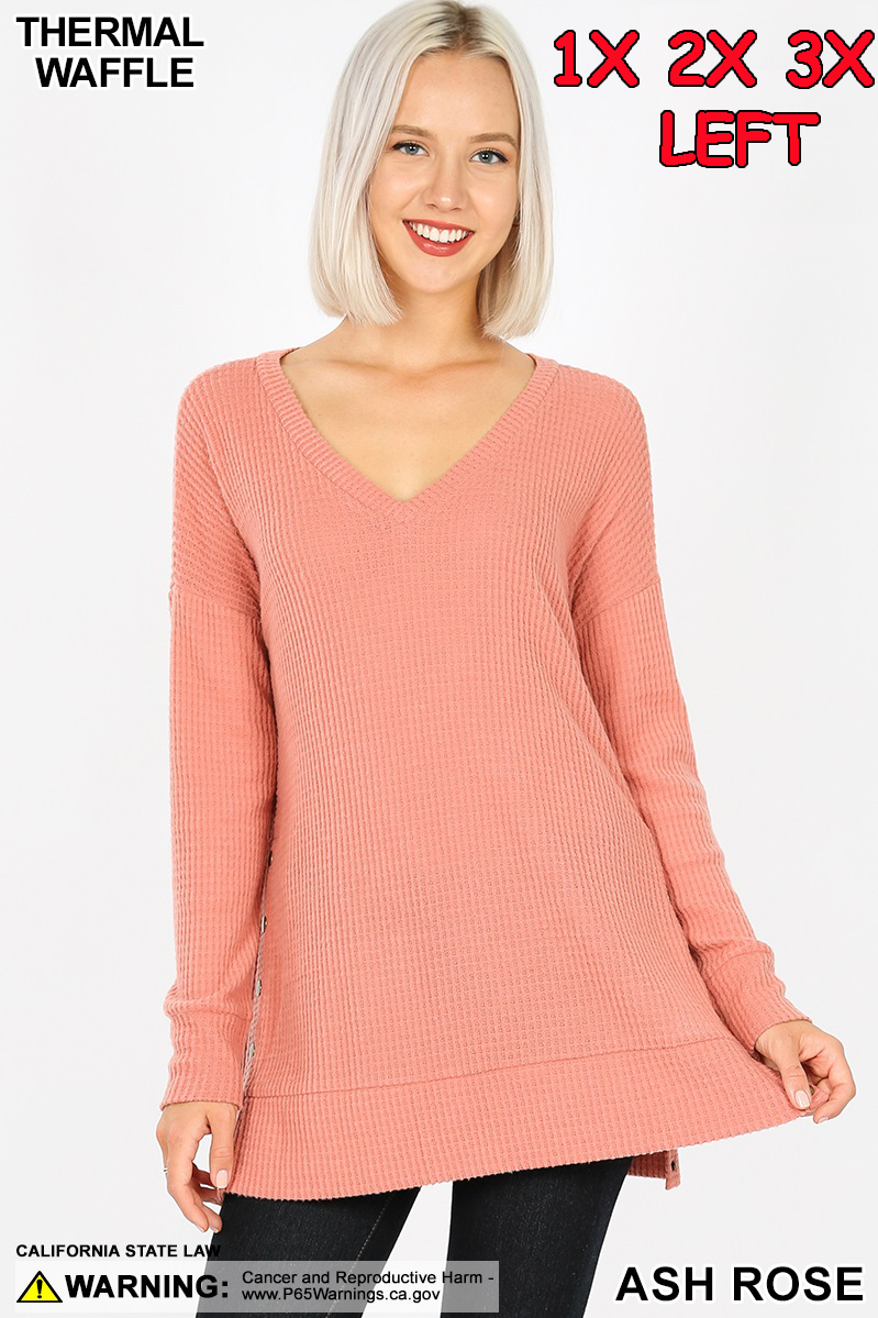 5987 4/4S V Neck Thermal Waffle w Snaps SWEATERS in ASH ROSE