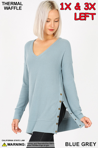 5988 4/4S V Neck Thermal Waffle w Snaps SWEATERS in BLUE GREY
