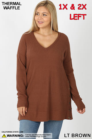 5989 4/4S V Neck Thermal Waffle w Snaps SWEATERS in LT BROWN