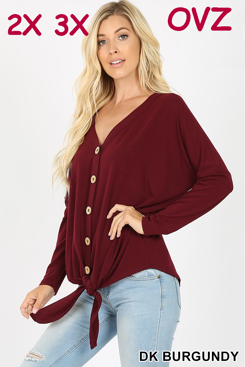 5995 4/4S Tie Front Button TOP in DK BURGUNDY