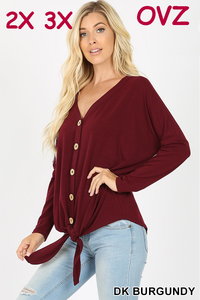 5995 4/4S Tie Front Button TOP in DK BURGUNDY