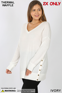 5999 4/4S V Neck Thermal Waffle w Snaps SWEATERS in IVORY